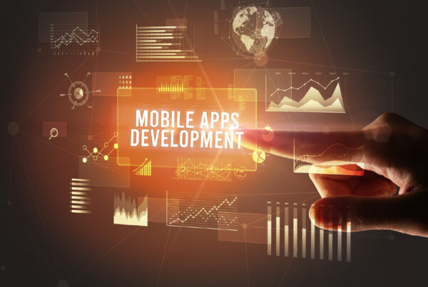 Mobile App development digital graphic with charts, UI elements, and futuristic interface