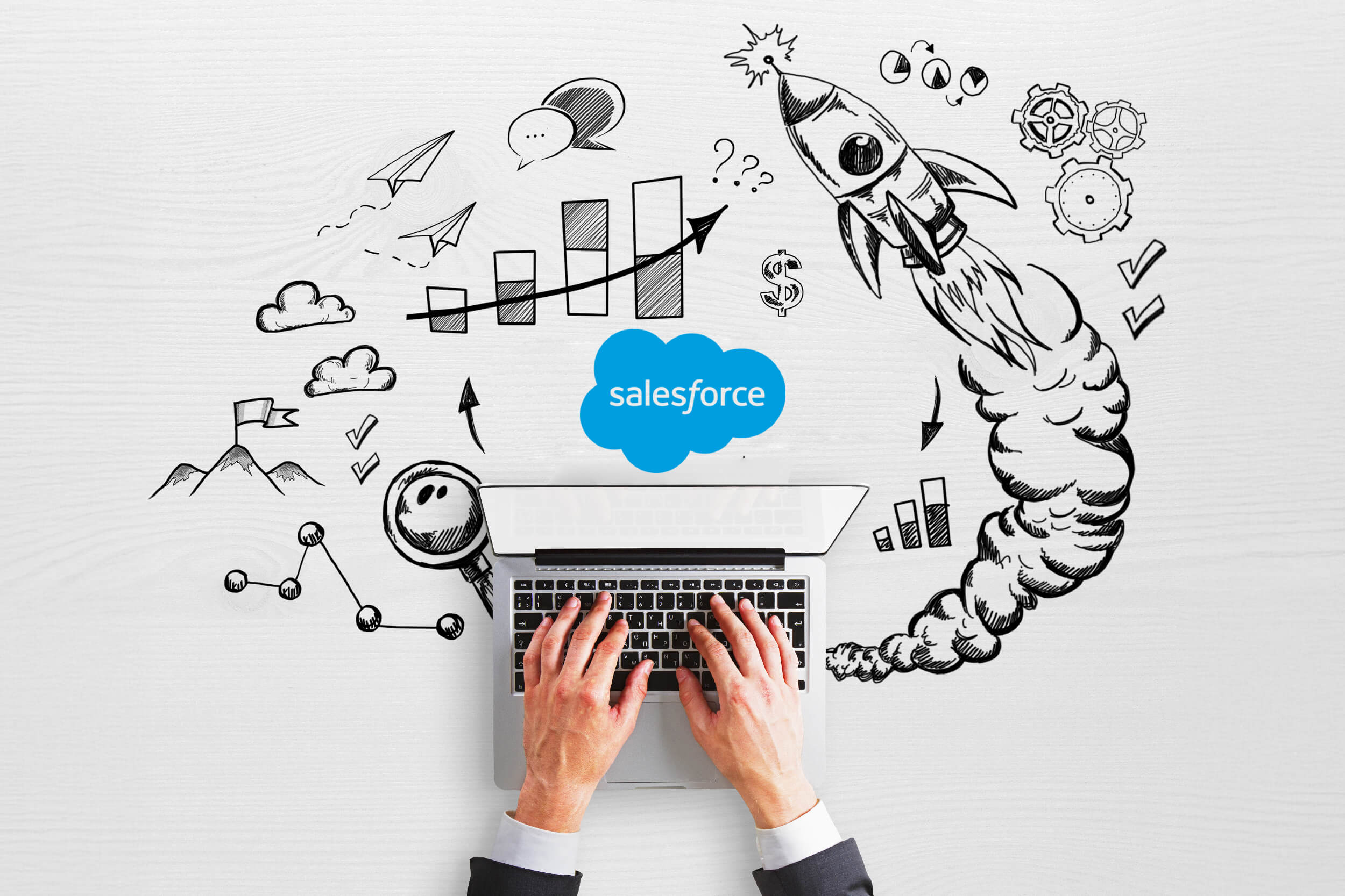 Illustration around a laptop showing various benefits of Salesforce for Small Businesses