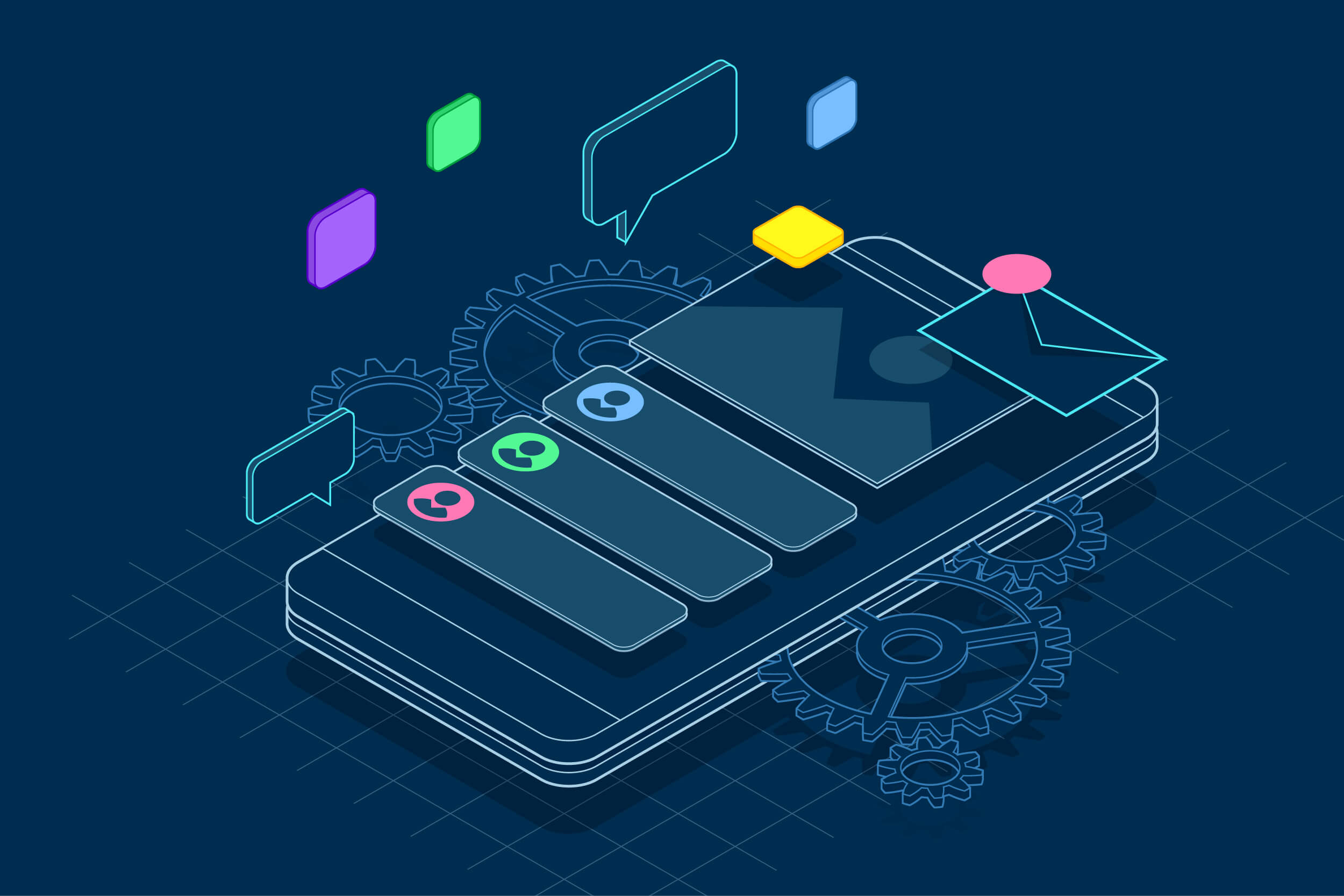 A futuristic digital illustration showcasing mobile app development platforms with UI/UX elements and interactive features