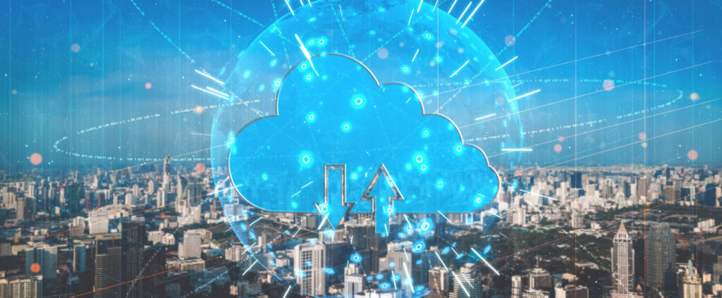 A stylized cloud icon hovers over a sprawling cityscape, with lines of data flowing to and from the cloud, representing the connection and exchange of Oracle HCM Cloud