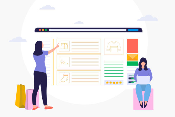 Illustration of two women interacting with a website interface, representing concepts of improving user experience on a website