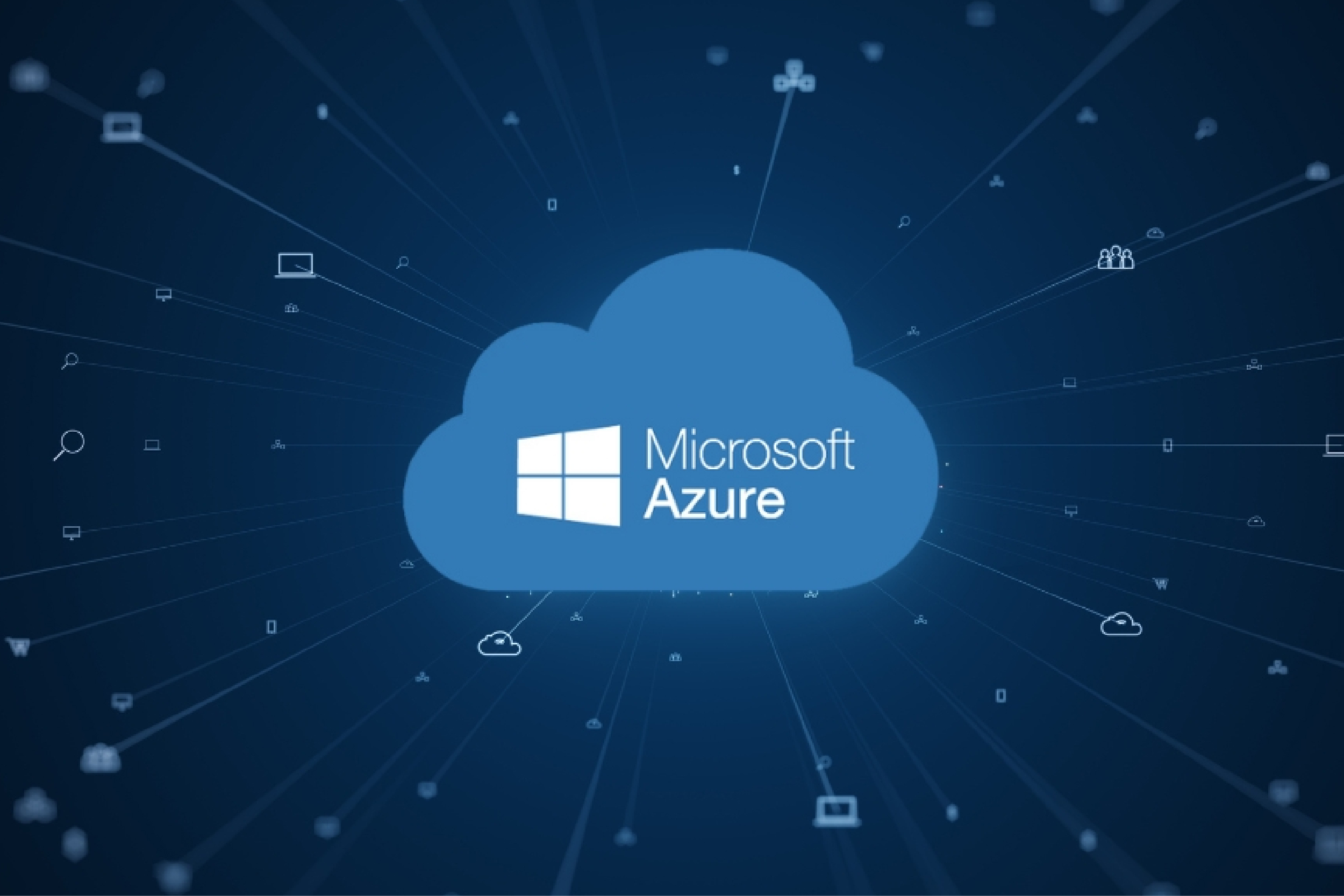 Microsoft Azure cloud logo surrounded by connected digital device icons on a dark blue background
