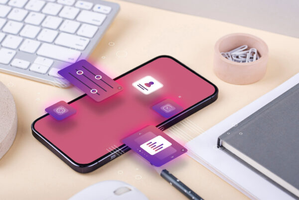 Modern smartphone interface illustrating minimal UI design with clean icons and simple, floating elements.