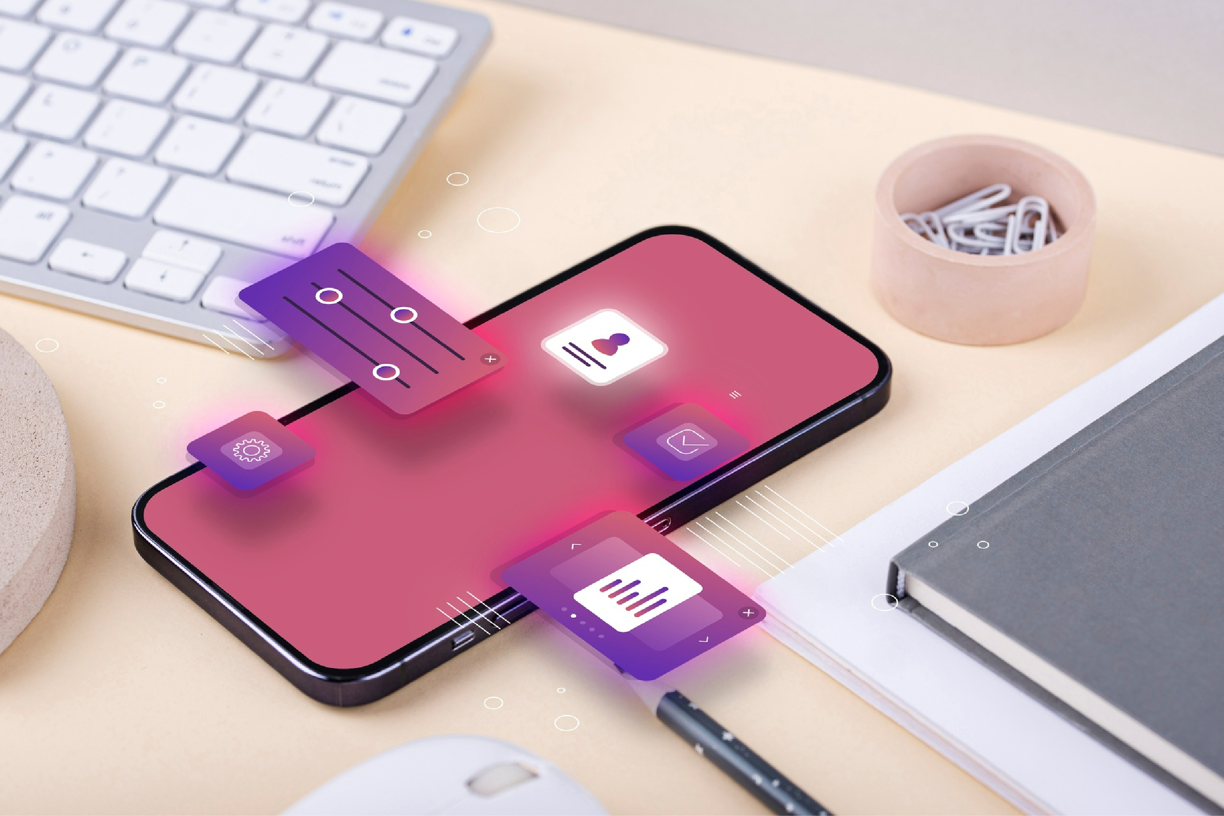 Modern smartphone interface illustrating minimal UI design with clean icons and simple, floating elements.
