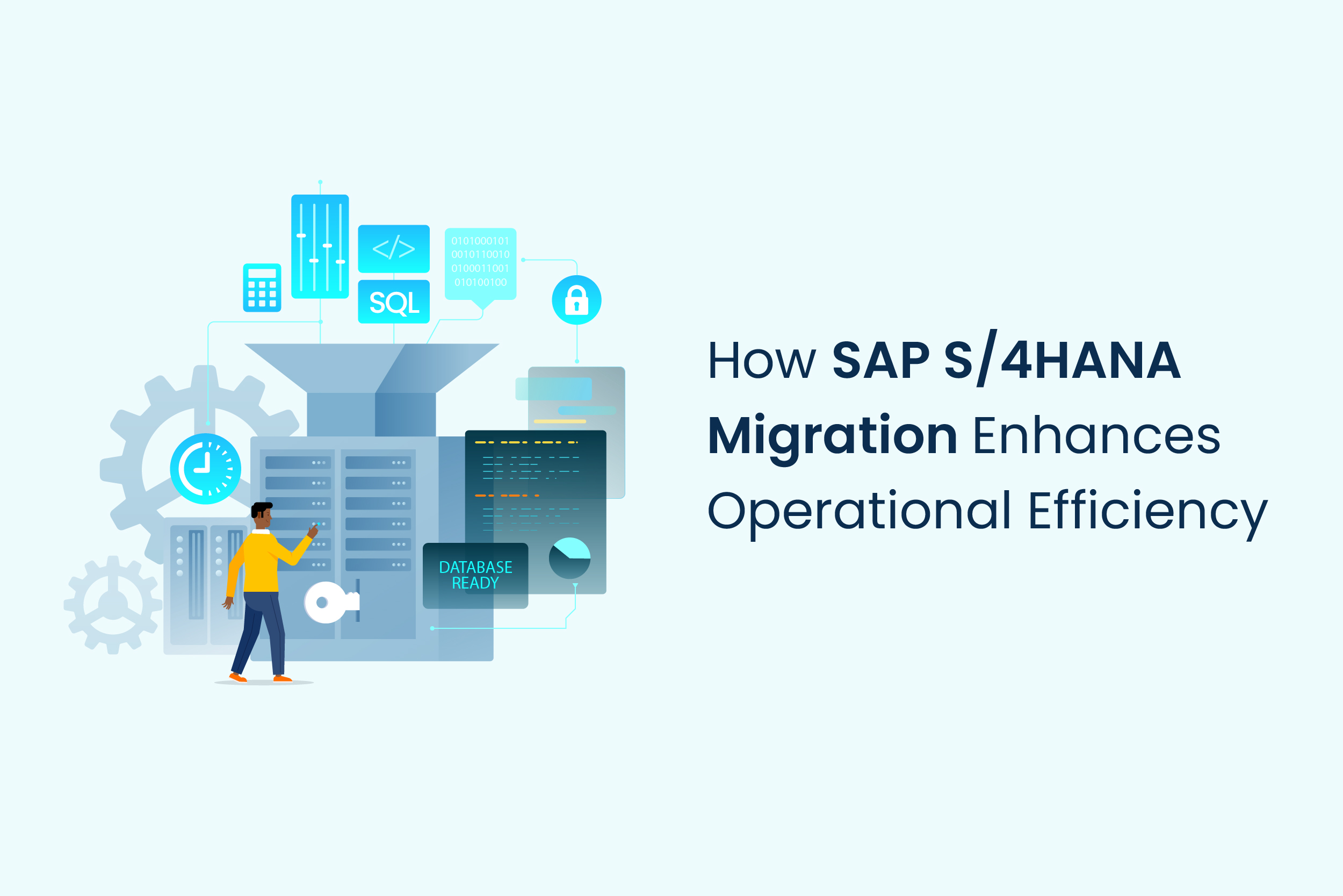 Illustration showing SAP S/4HANA migration with cloud systems, database setup, and enterprise integration tools