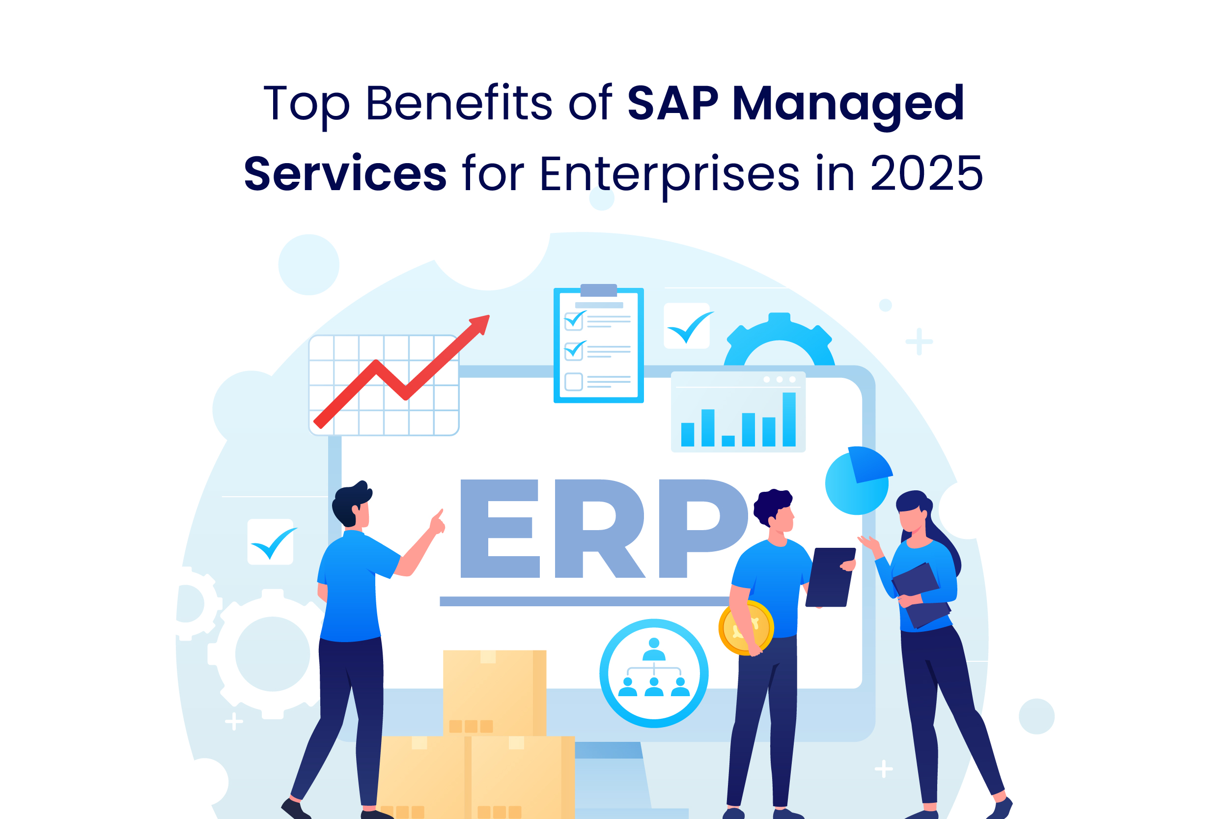 Illustration of professionals using SAP Managed Services with ERP dashboard and analytics