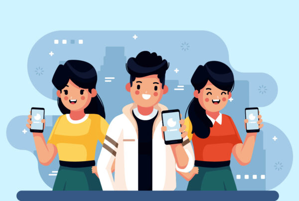 Illustration of happy users holding smartphones, representing Mobile First Design in digital experiences