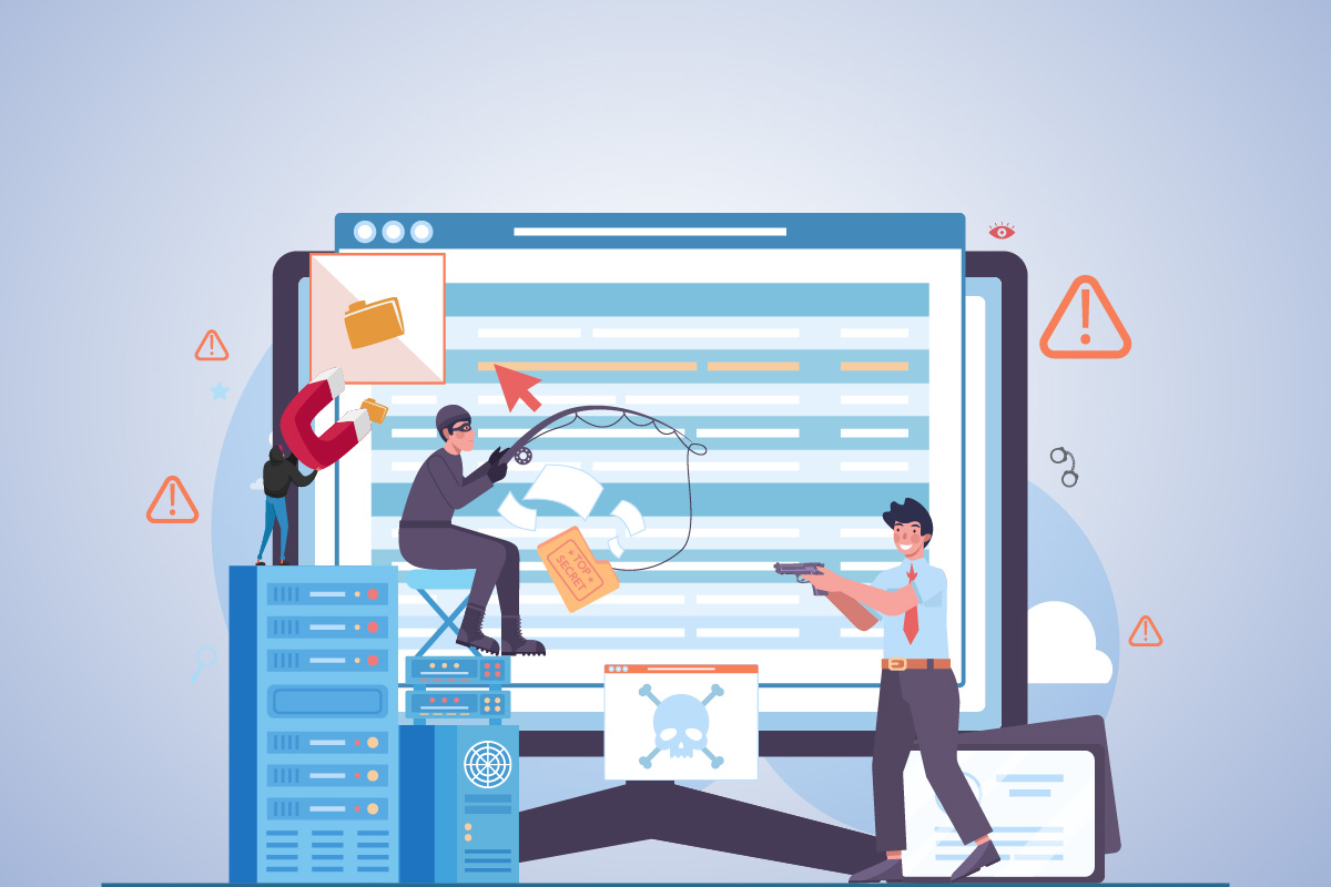 Illustration showing efforts to prevent data leaks in web applications as a hacker tries to steal files.